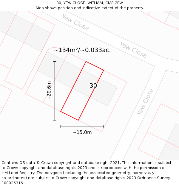 30, YEW CLOSE, WITHAM, CM8 2PW: Plot and title map