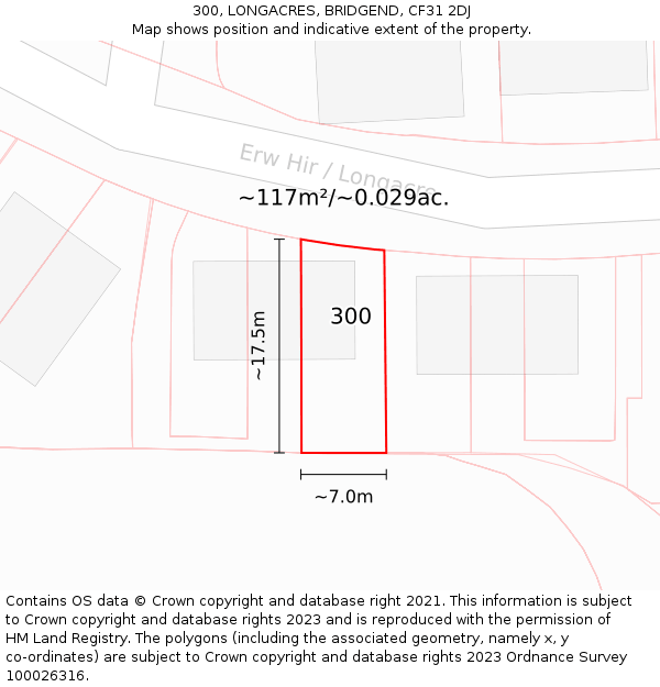 300, LONGACRES, BRIDGEND, CF31 2DJ: Plot and title map