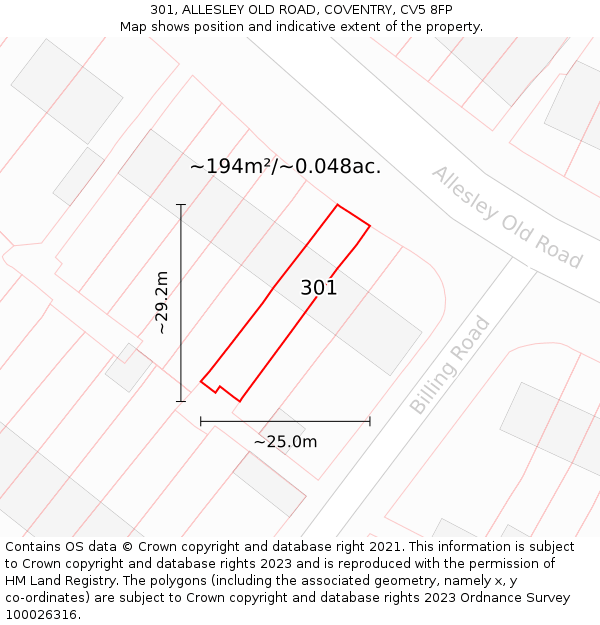 301, ALLESLEY OLD ROAD, COVENTRY, CV5 8FP: Plot and title map