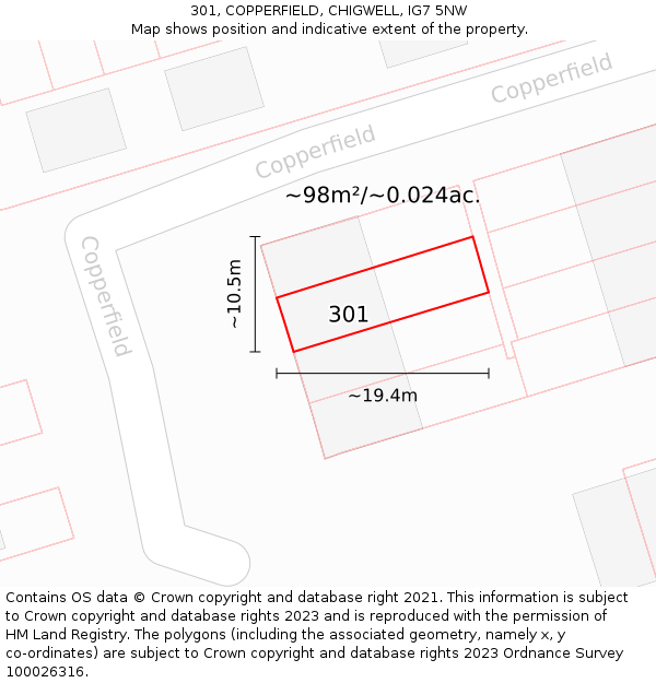 301, COPPERFIELD, CHIGWELL, IG7 5NW: Plot and title map