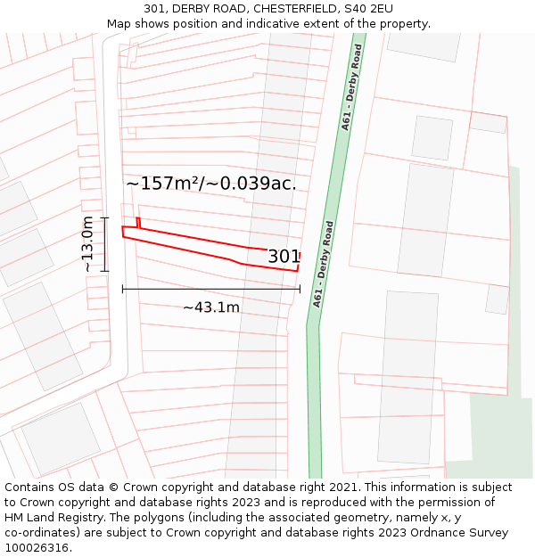 301, DERBY ROAD, CHESTERFIELD, S40 2EU: Plot and title map