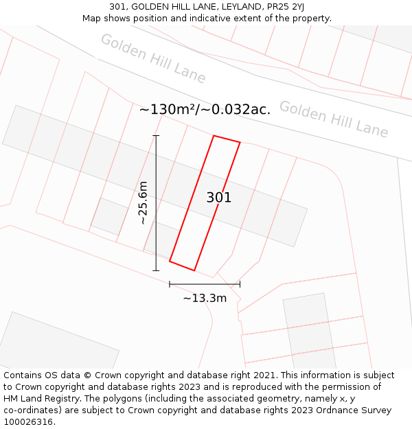 301, GOLDEN HILL LANE, LEYLAND, PR25 2YJ: Plot and title map