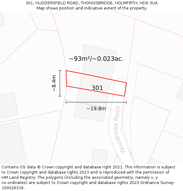 301, HUDDERSFIELD ROAD, THONGSBRIDGE, HOLMFIRTH, HD9 3UA: Plot and title map