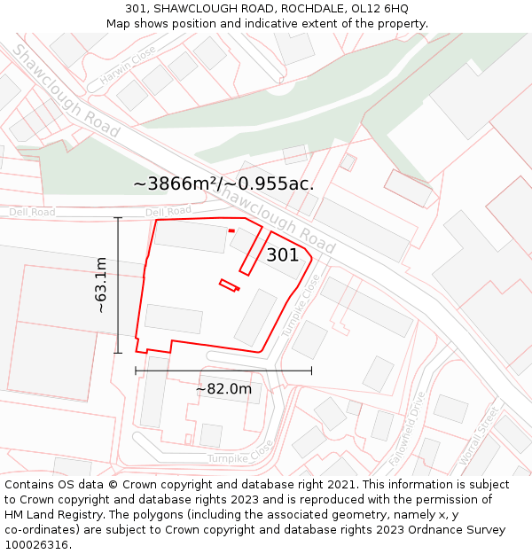 301, SHAWCLOUGH ROAD, ROCHDALE, OL12 6HQ: Plot and title map