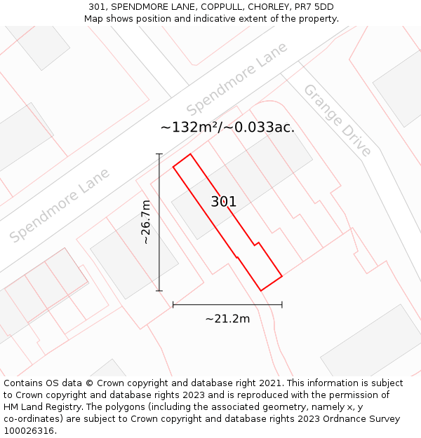 301, SPENDMORE LANE, COPPULL, CHORLEY, PR7 5DD: Plot and title map