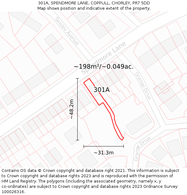 301A, SPENDMORE LANE, COPPULL, CHORLEY, PR7 5DD: Plot and title map