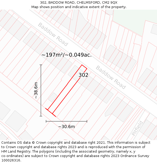 302, BADDOW ROAD, CHELMSFORD, CM2 9QX: Plot and title map