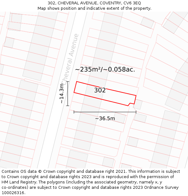 302, CHEVERAL AVENUE, COVENTRY, CV6 3EQ: Plot and title map