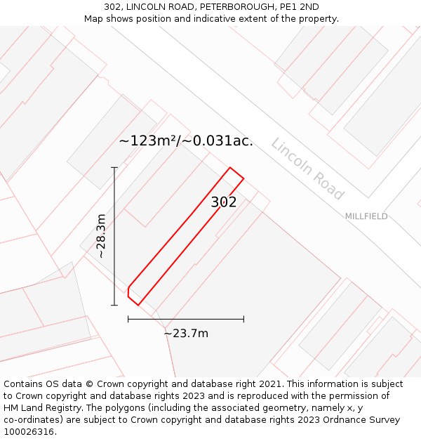 302, LINCOLN ROAD, PETERBOROUGH, PE1 2ND: Plot and title map