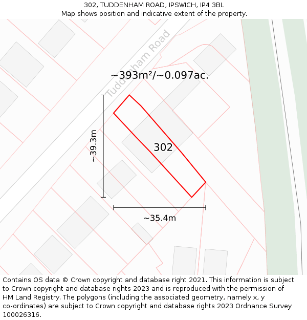 302, TUDDENHAM ROAD, IPSWICH, IP4 3BL: Plot and title map