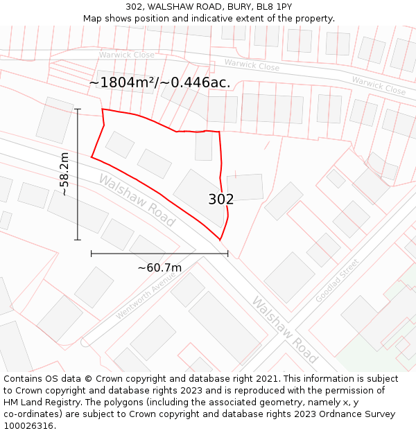 302, WALSHAW ROAD, BURY, BL8 1PY: Plot and title map