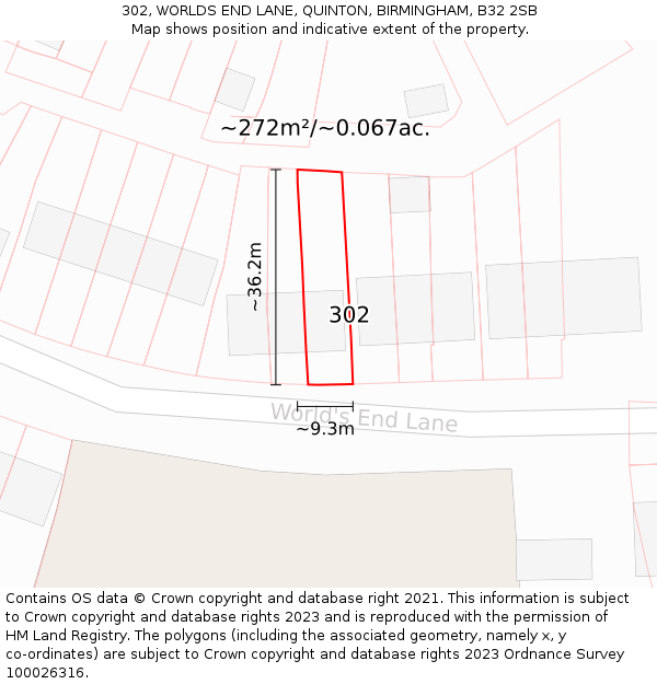 302, WORLDS END LANE, QUINTON, BIRMINGHAM, B32 2SB: Plot and title map