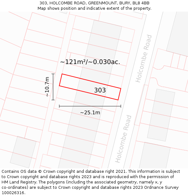 303, HOLCOMBE ROAD, GREENMOUNT, BURY, BL8 4BB: Plot and title map