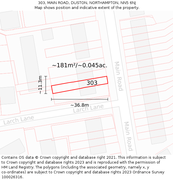 303, MAIN ROAD, DUSTON, NORTHAMPTON, NN5 6NJ: Plot and title map