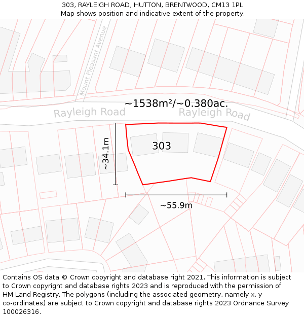 303, RAYLEIGH ROAD, HUTTON, BRENTWOOD, CM13 1PL: Plot and title map