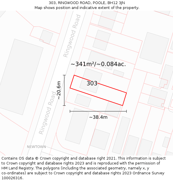 303, RINGWOOD ROAD, POOLE, BH12 3JN: Plot and title map