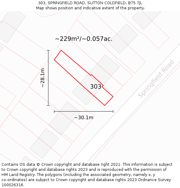 303, SPRINGFIELD ROAD, SUTTON COLDFIELD, B75 7JL: Plot and title map