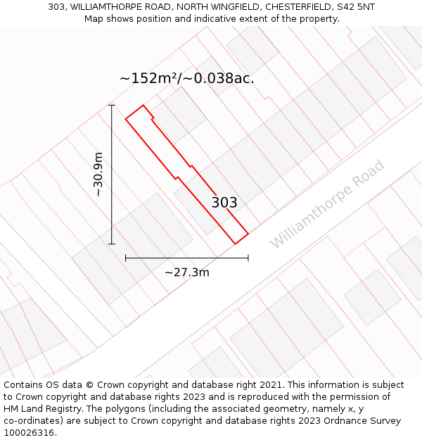 303, WILLIAMTHORPE ROAD, NORTH WINGFIELD, CHESTERFIELD, S42 5NT: Plot and title map