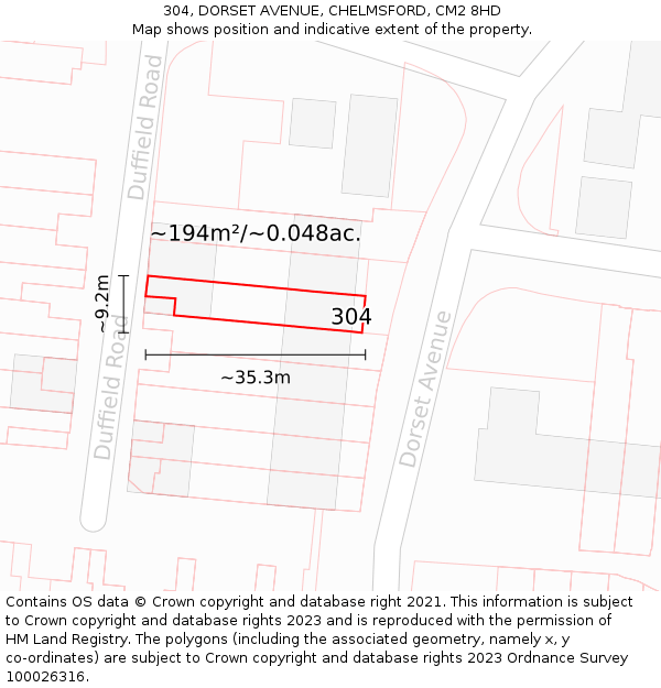 304, DORSET AVENUE, CHELMSFORD, CM2 8HD: Plot and title map
