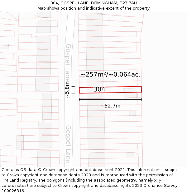 304, GOSPEL LANE, BIRMINGHAM, B27 7AH: Plot and title map
