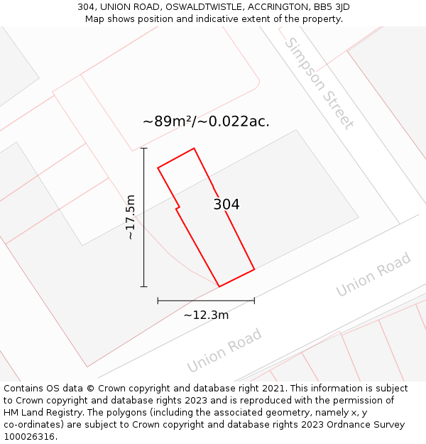304, UNION ROAD, OSWALDTWISTLE, ACCRINGTON, BB5 3JD: Plot and title map