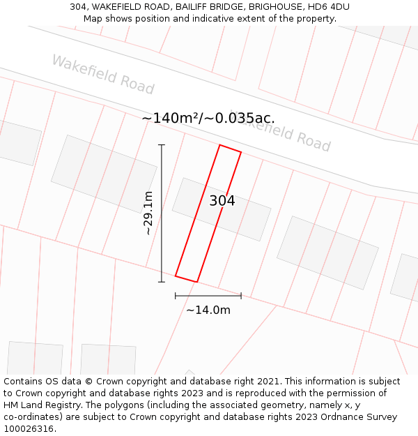 304, WAKEFIELD ROAD, BAILIFF BRIDGE, BRIGHOUSE, HD6 4DU: Plot and title map
