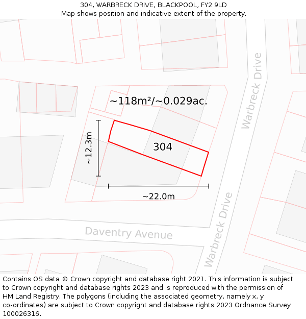 304, WARBRECK DRIVE, BLACKPOOL, FY2 9LD: Plot and title map
