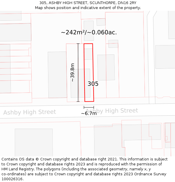 305, ASHBY HIGH STREET, SCUNTHORPE, DN16 2RY: Plot and title map