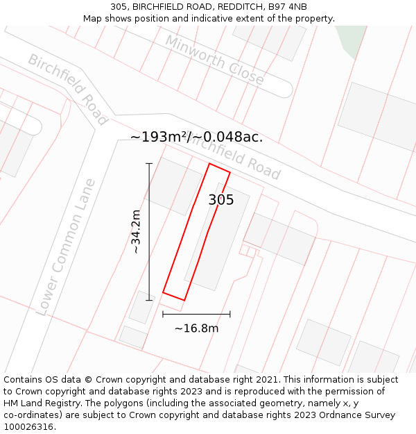 305, BIRCHFIELD ROAD, REDDITCH, B97 4NB: Plot and title map