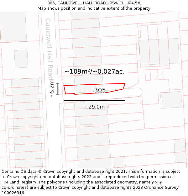 305, CAULDWELL HALL ROAD, IPSWICH, IP4 5AJ: Plot and title map