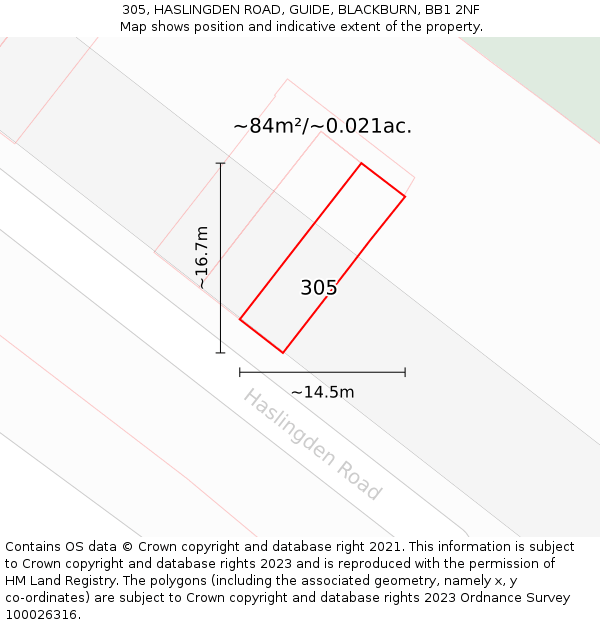 305, HASLINGDEN ROAD, GUIDE, BLACKBURN, BB1 2NF: Plot and title map