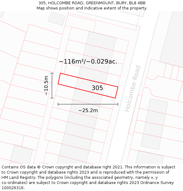 305, HOLCOMBE ROAD, GREENMOUNT, BURY, BL8 4BB: Plot and title map