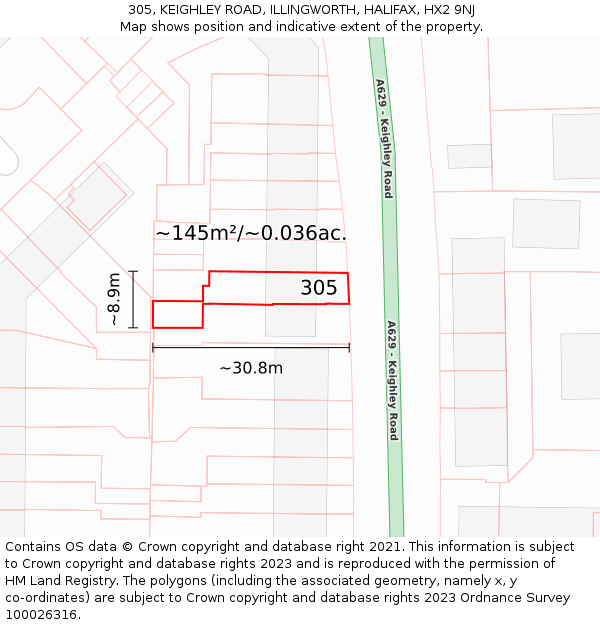 305, KEIGHLEY ROAD, ILLINGWORTH, HALIFAX, HX2 9NJ: Plot and title map