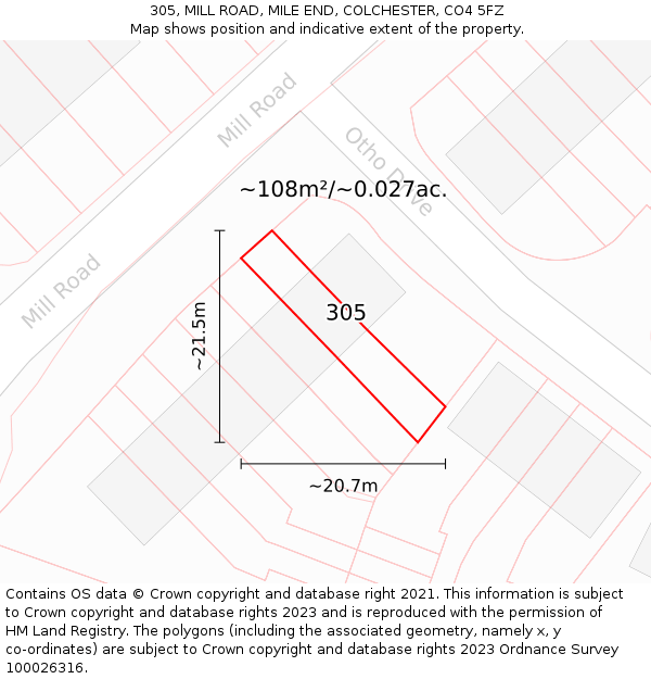 305, MILL ROAD, MILE END, COLCHESTER, CO4 5FZ: Plot and title map