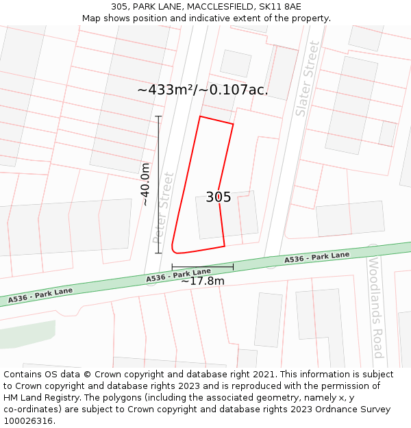 305, PARK LANE, MACCLESFIELD, SK11 8AE: Plot and title map