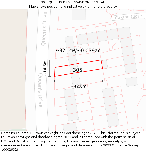 305, QUEENS DRIVE, SWINDON, SN3 1AU: Plot and title map
