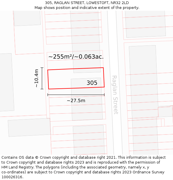 305, RAGLAN STREET, LOWESTOFT, NR32 2LD: Plot and title map