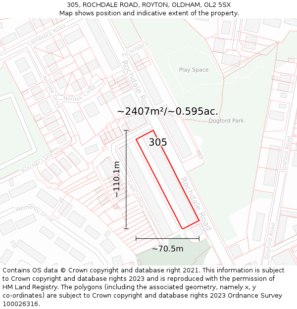 305, ROCHDALE ROAD, ROYTON, OLDHAM, OL2 5SX: Plot and title map