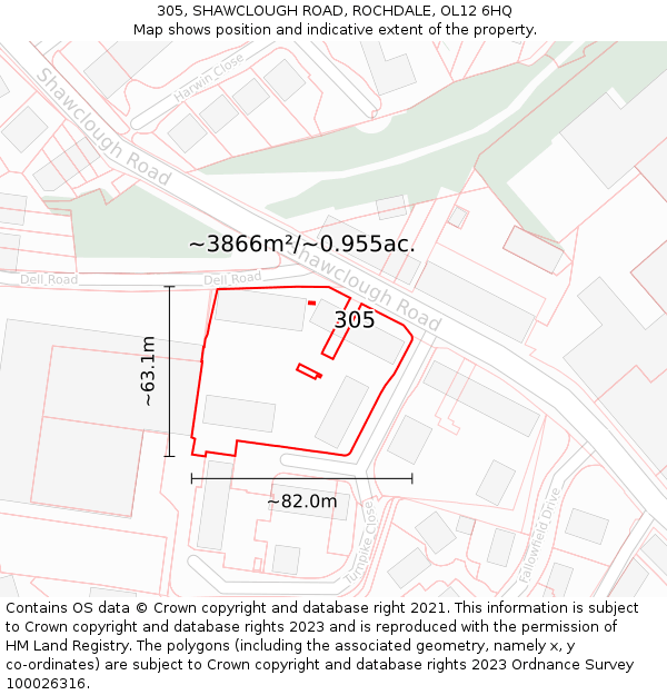 305, SHAWCLOUGH ROAD, ROCHDALE, OL12 6HQ: Plot and title map