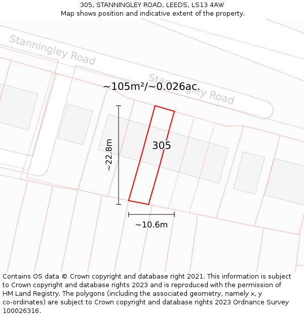 305, STANNINGLEY ROAD, LEEDS, LS13 4AW: Plot and title map