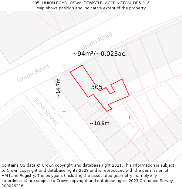 305, UNION ROAD, OSWALDTWISTLE, ACCRINGTON, BB5 3HS: Plot and title map