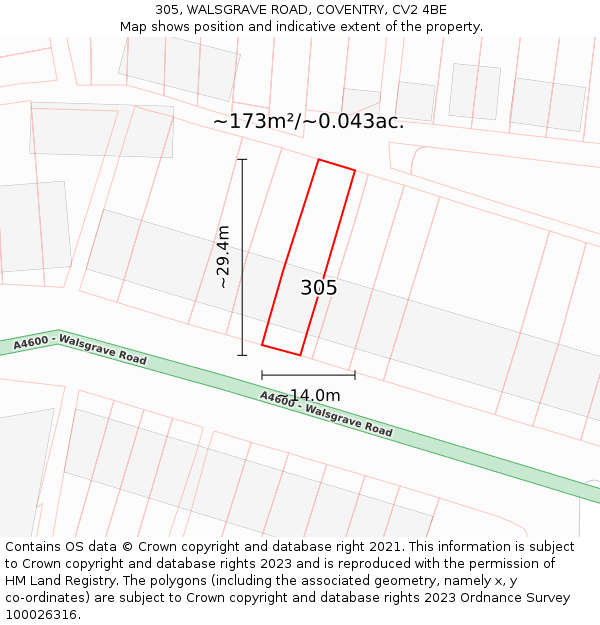 305, WALSGRAVE ROAD, COVENTRY, CV2 4BE: Plot and title map