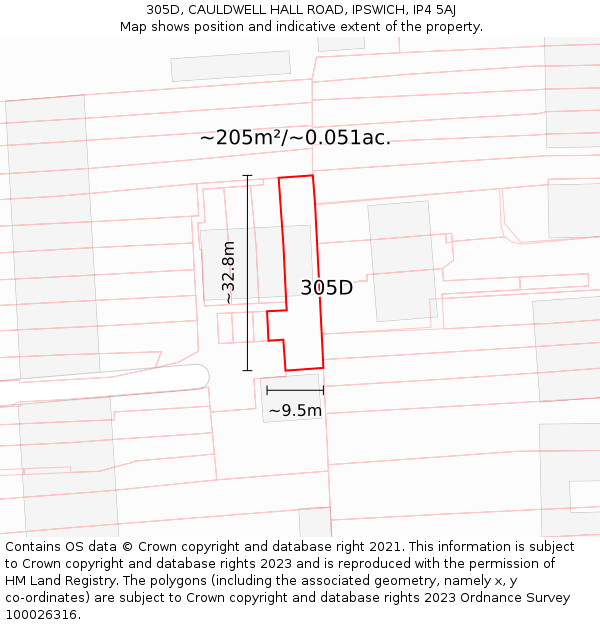 305D, CAULDWELL HALL ROAD, IPSWICH, IP4 5AJ: Plot and title map