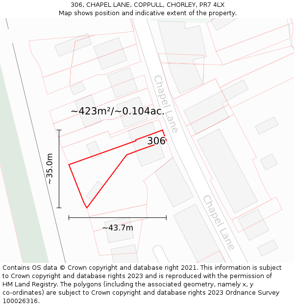 306, CHAPEL LANE, COPPULL, CHORLEY, PR7 4LX: Plot and title map