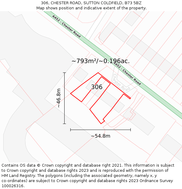306, CHESTER ROAD, SUTTON COLDFIELD, B73 5BZ: Plot and title map