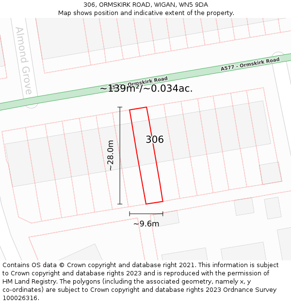 306, ORMSKIRK ROAD, WIGAN, WN5 9DA: Plot and title map