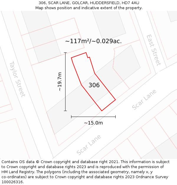 306, SCAR LANE, GOLCAR, HUDDERSFIELD, HD7 4AU: Plot and title map