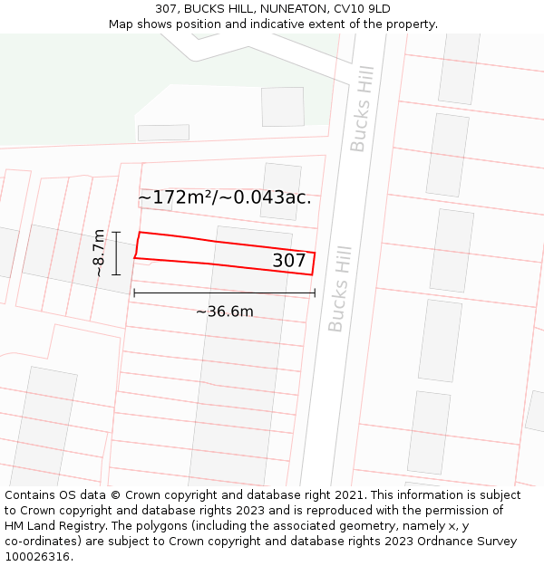 307, BUCKS HILL, NUNEATON, CV10 9LD: Plot and title map