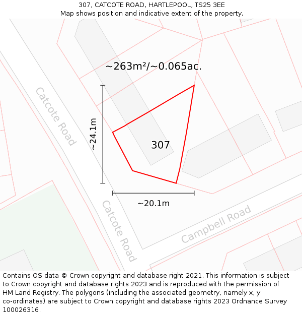 307, CATCOTE ROAD, HARTLEPOOL, TS25 3EE: Plot and title map
