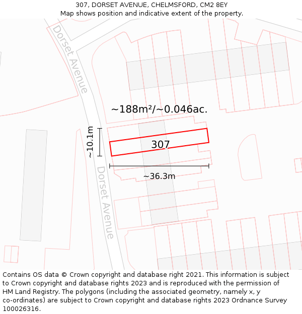 307, DORSET AVENUE, CHELMSFORD, CM2 8EY: Plot and title map